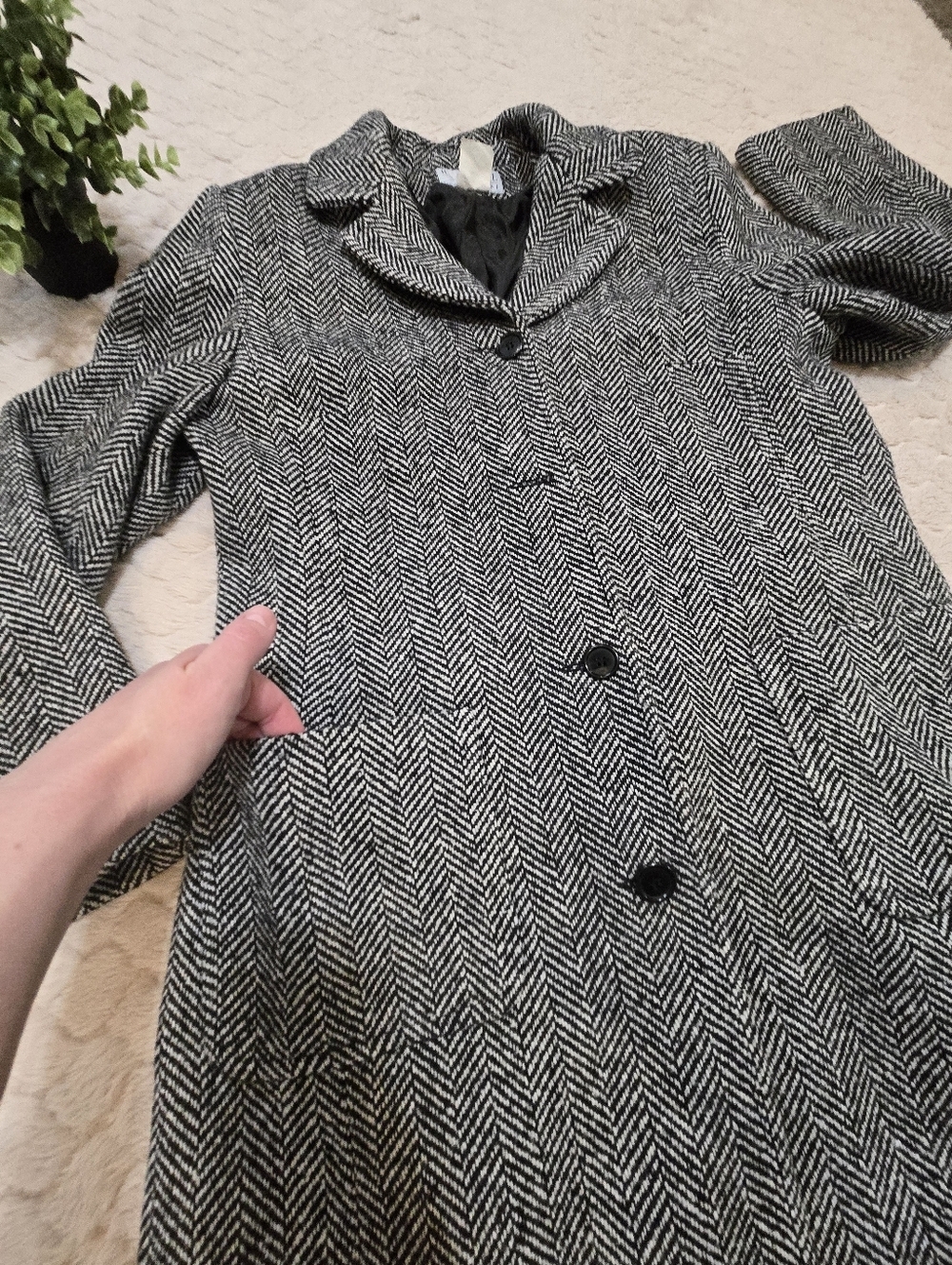 Real Comfort Vintage Black & White Tweed Herringbone Wool-Blend Coat, Size 12 - Picture 8 of 8